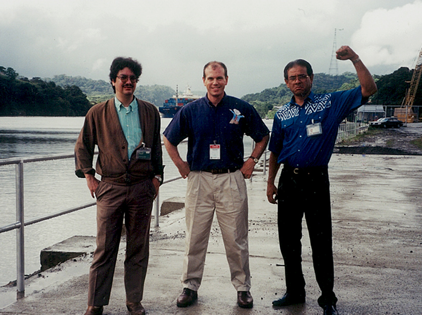 Early relationship-building between CWR and the ACP: Michael Kane visiting the Panama Canal with Manuel Vilar and Modesto Echevers, two of the first hydrologists trained to use and calibrate PANFCST (photo by Jay Day).