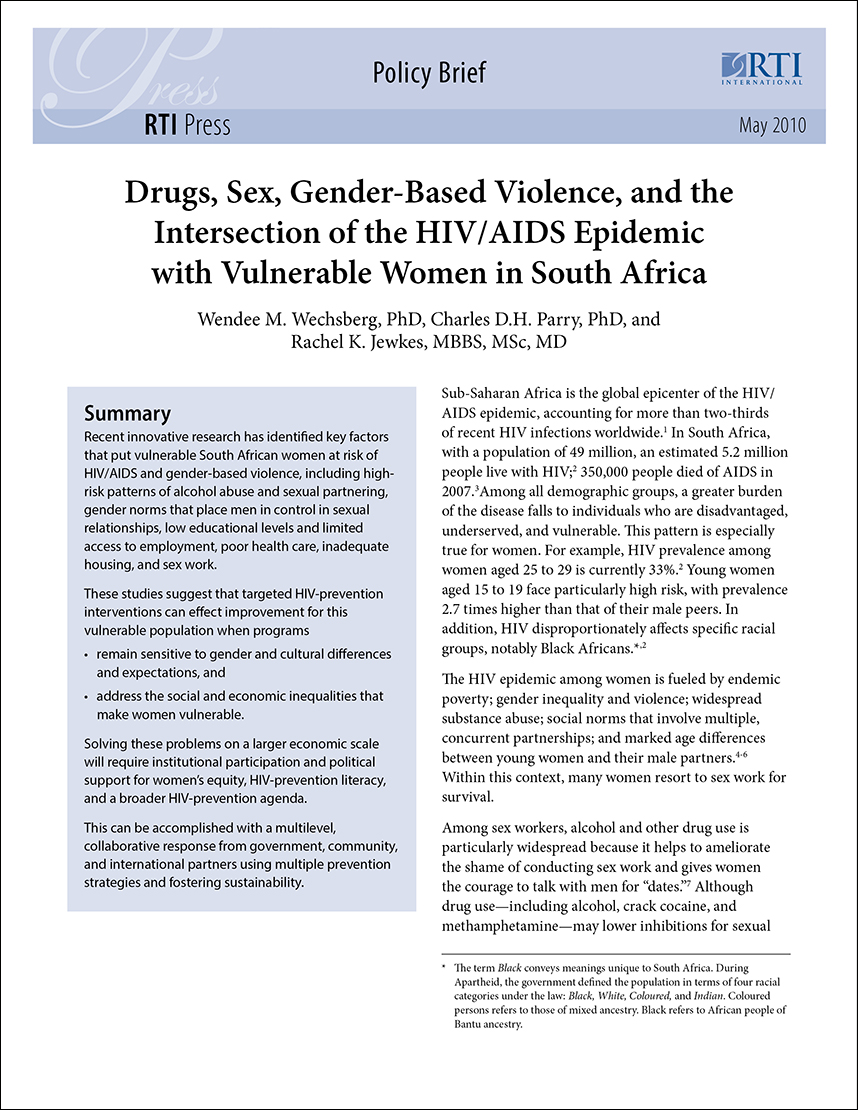 Drugs, sex, gender-based violence, and the intersection of the HIV/AIDS  epidemic with vulnerable women in South Africa | RTI