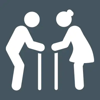 Two elderly figures lean on canes, facing each other in a simple, minimalistic design.