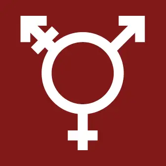 A white transgender symbol features a circle with arrows and male-female signs on a red background.