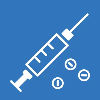 Syringe and pills are depicted on a blue background, suggesting medical context and administration.