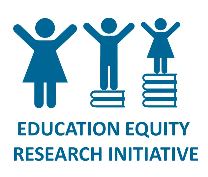 Three blue stick figures celebrating, some standing on books. Text: "EDUCATION EQUITY RESEARCH INITIATIVE."