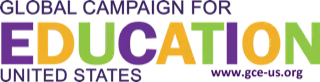 Text reads: "Global Campaign for Education United States www.gce-us.org" in purple, green, and orange letters.