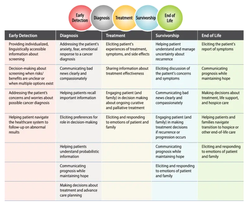 A chart outlines patient care processes across cancer stages: early detection, diagnosis, treatment, survivorship, and end-of-life.